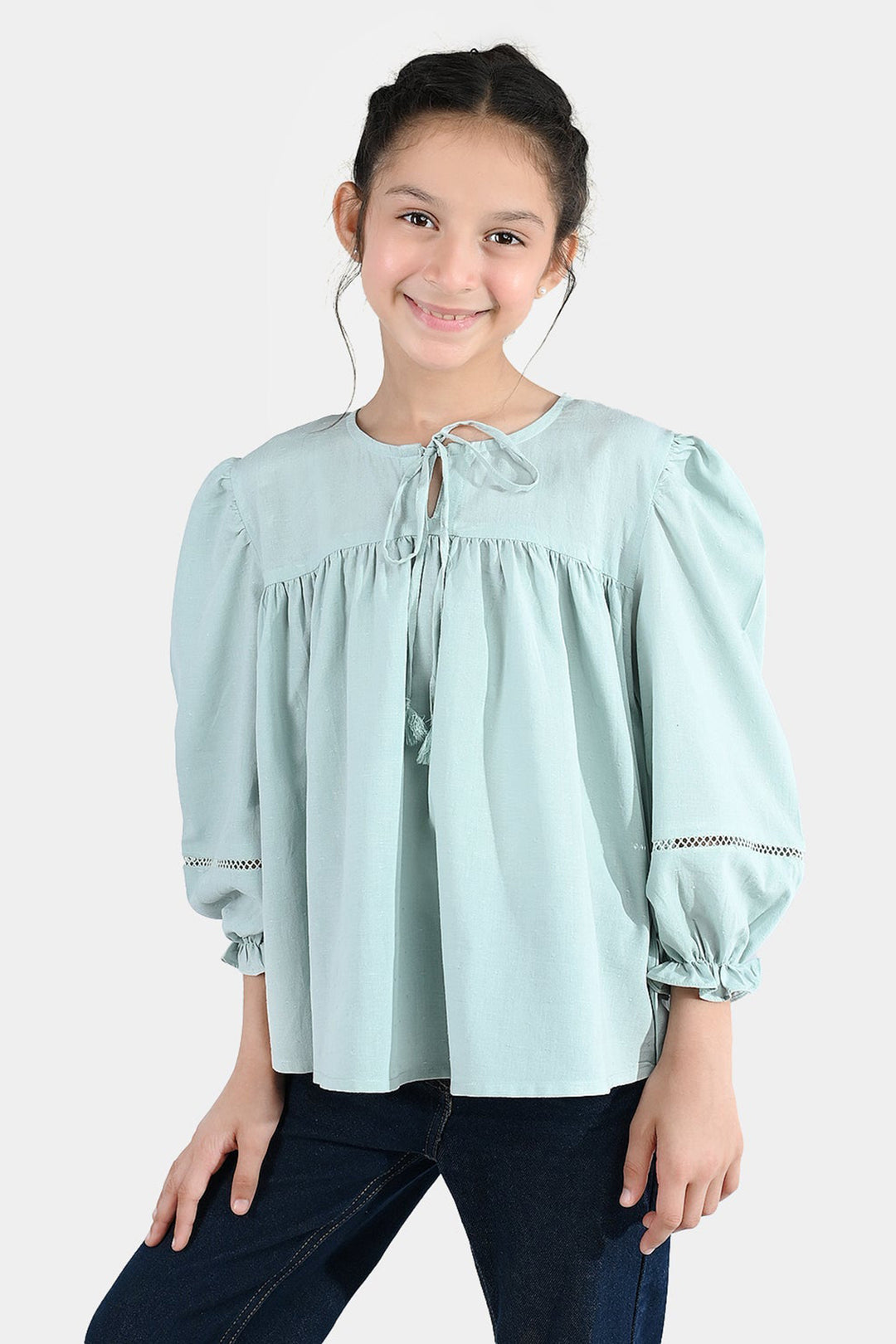 Girls Jacquard Casual Top - Smoke Green