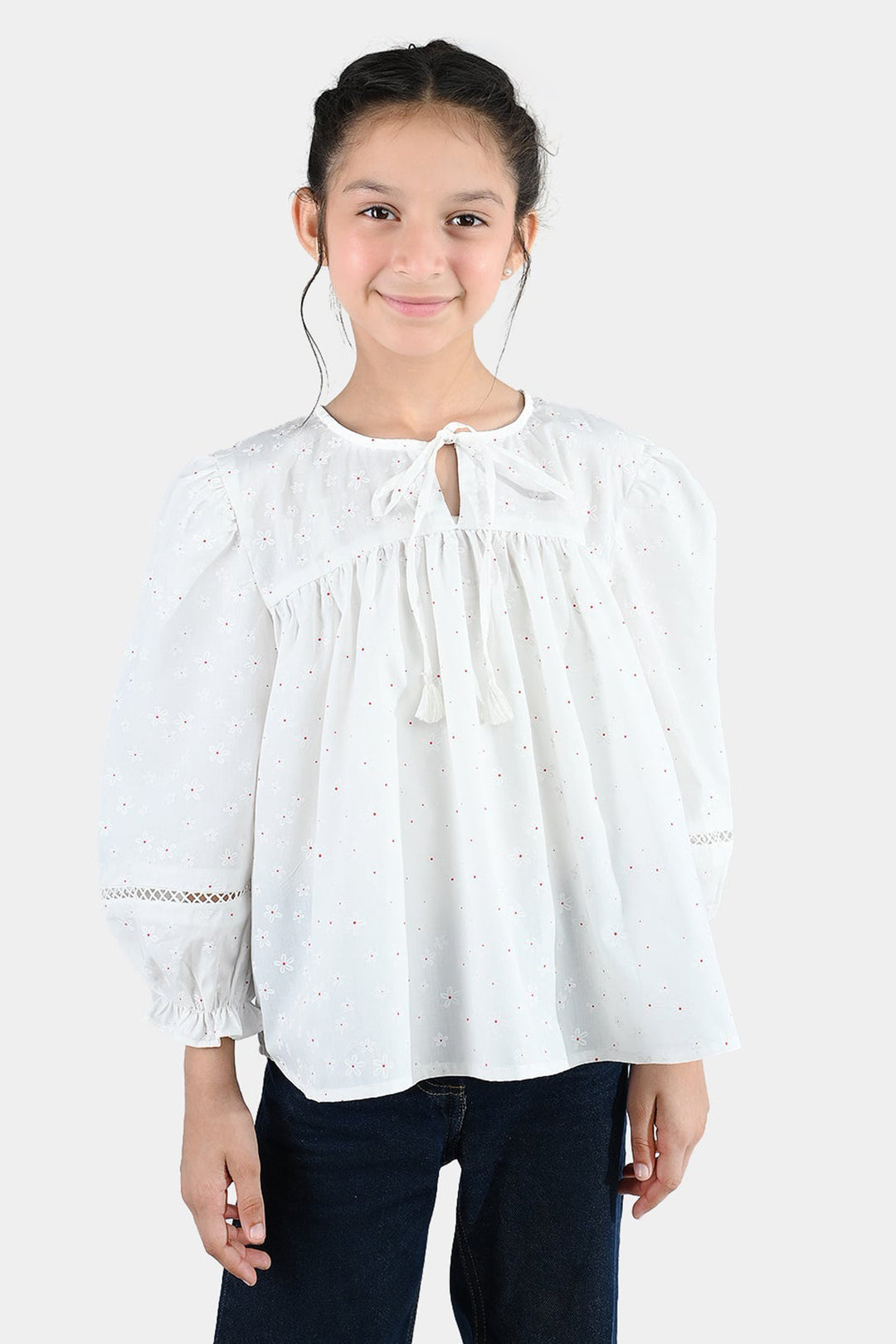 Girls Poly Cotton Casual Top – Star Print White with Puffed Sleeves