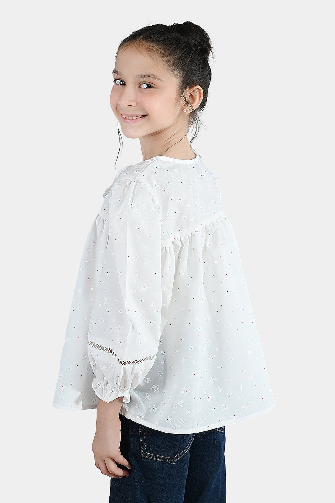Girls Poly Cotton Casual Top – Star Print White with Puffed Sleeves