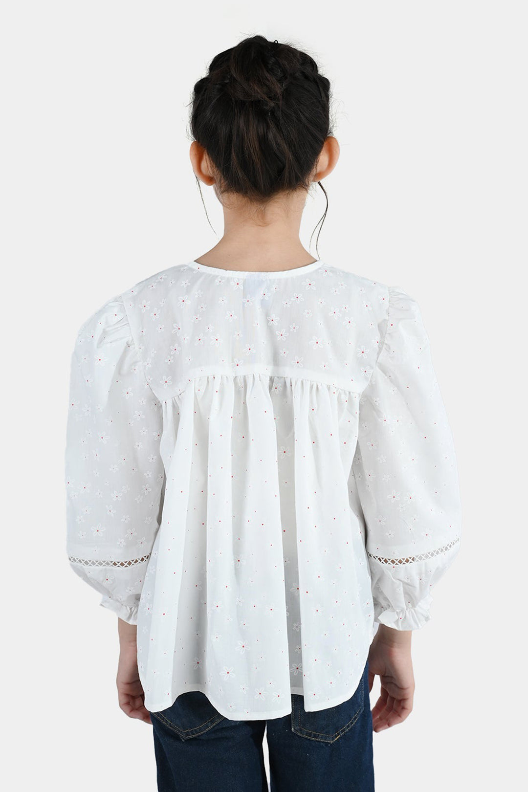 Girls Poly Cotton Casual Top – Star Print White with Puffed Sleeves
