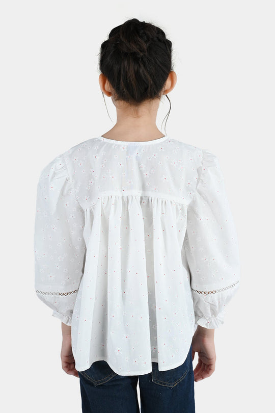 Girls Poly Cotton Casual Top – Star Print White with Puffed Sleeves
