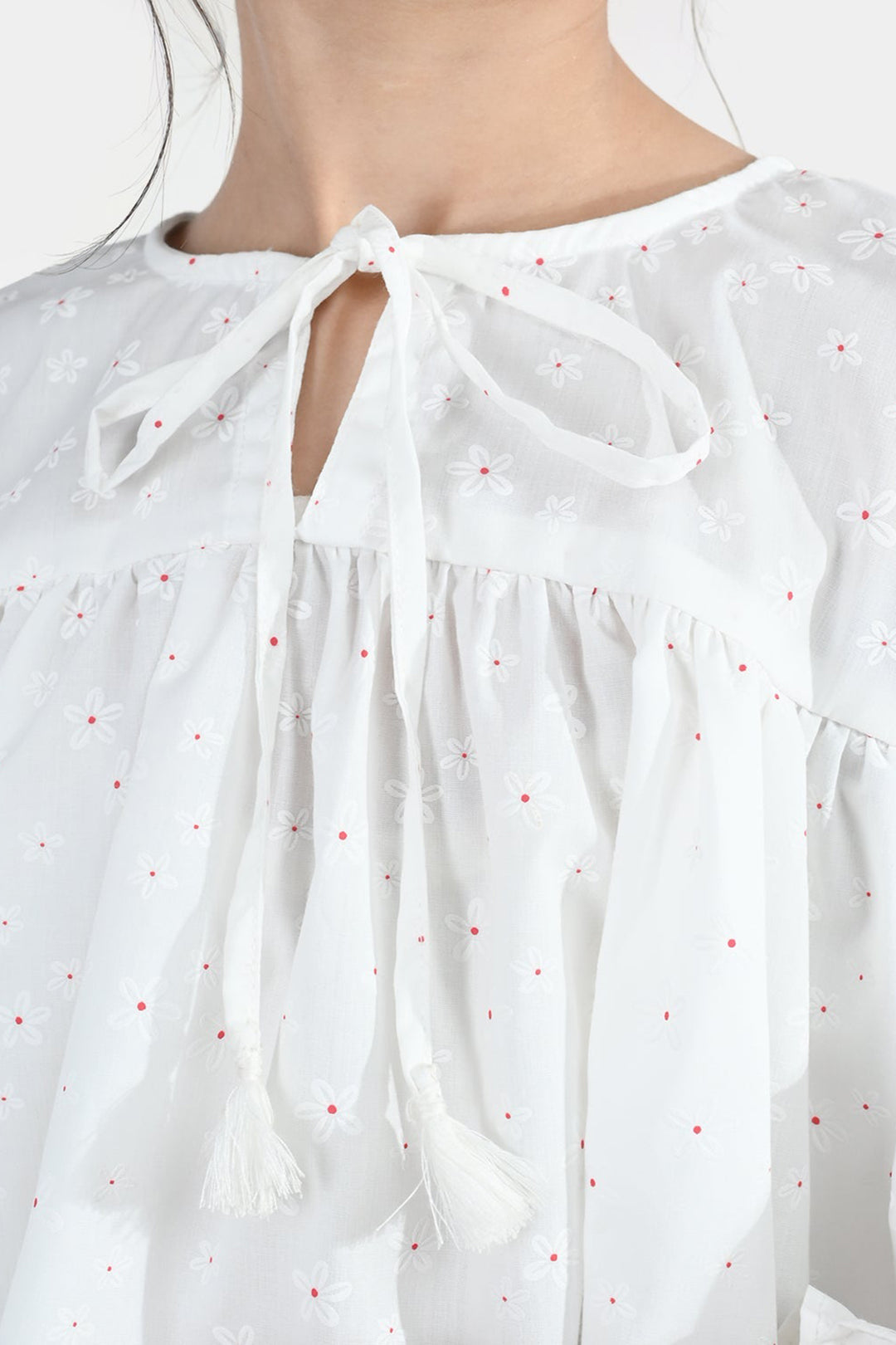 Girls Poly Cotton Casual Top – Star Print White with Puffed Sleeves