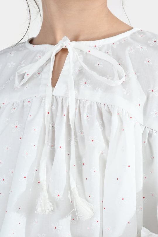 Girls Poly Cotton Casual Top – Star Print White with Puffed Sleeves