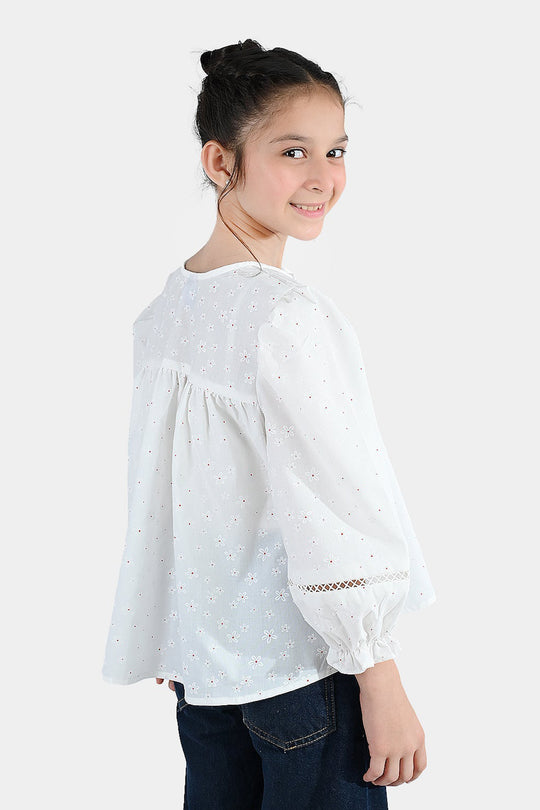 Girls Poly Cotton Casual Top – Star Print White with Puffed Sleeves
