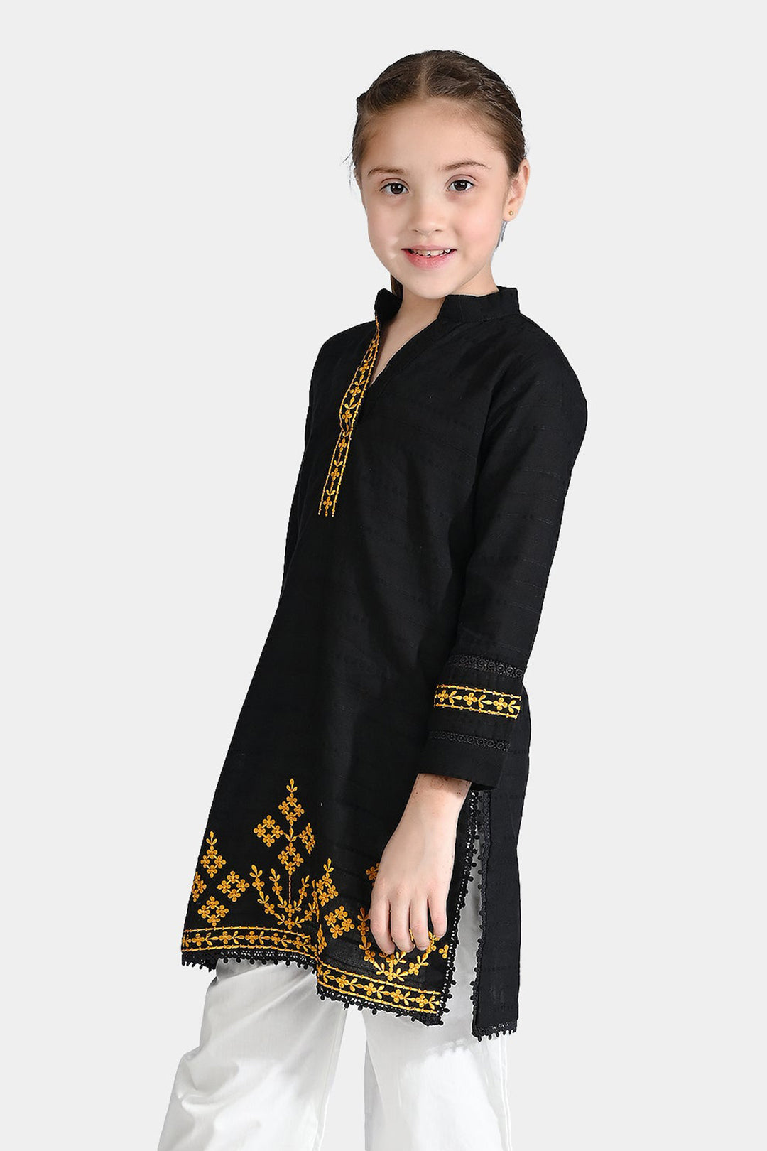 Girls Cotton Emb Kurti Black Beauty-BLACK