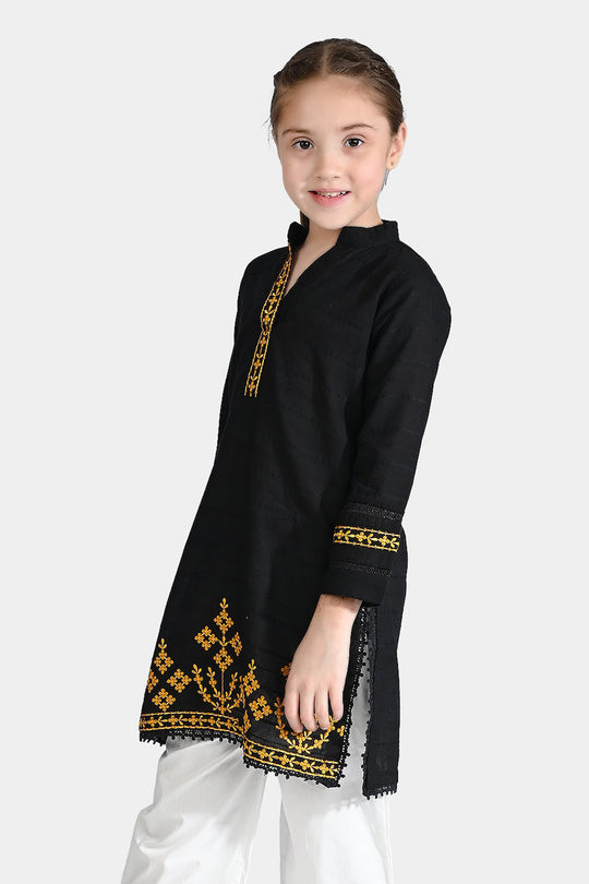 Girls Cotton Emb Kurti Black Beauty-BLACK