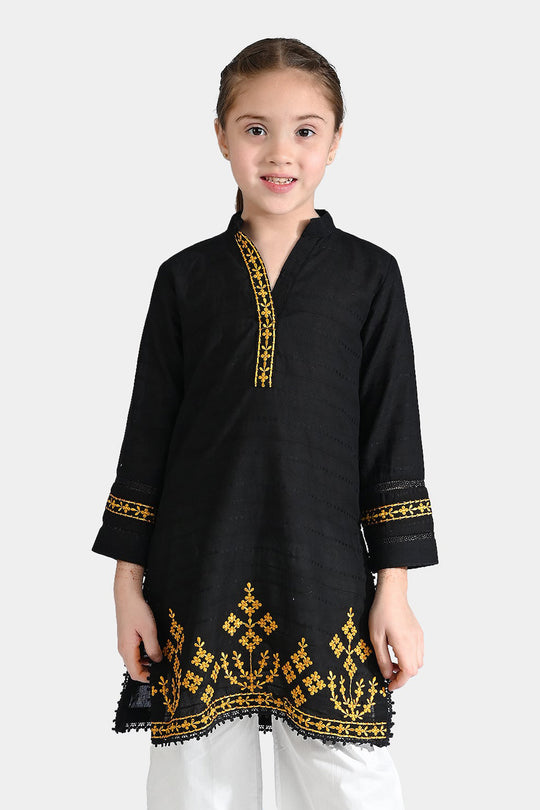 Girls Cotton Emb Kurti Black Beauty-BLACK