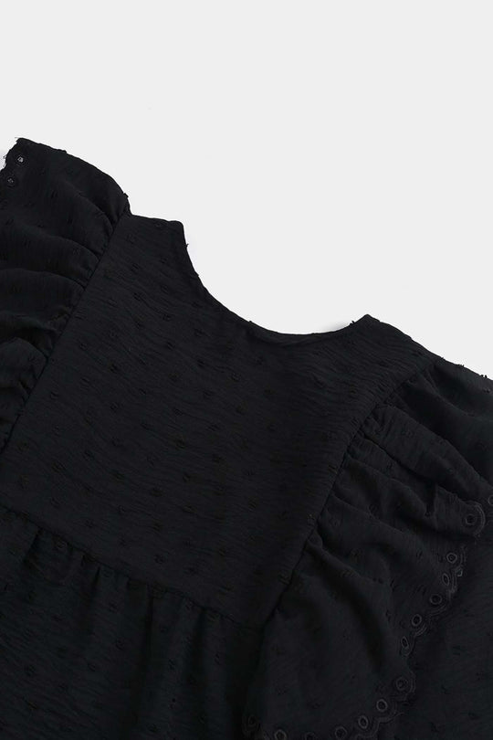 Girls Cotton Emb Top Maroon Ruffles-BLACK