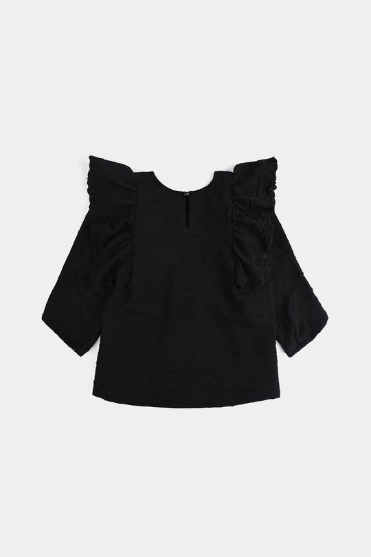 Girls Cotton Emb Top Maroon Ruffles-BLACK