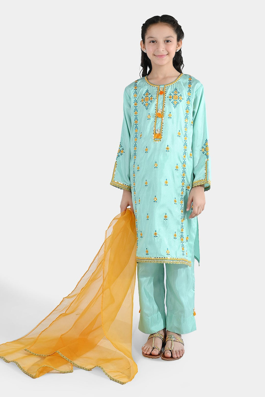 Girls Raw Silk Fancy 3Pcs Roop-Mint Green