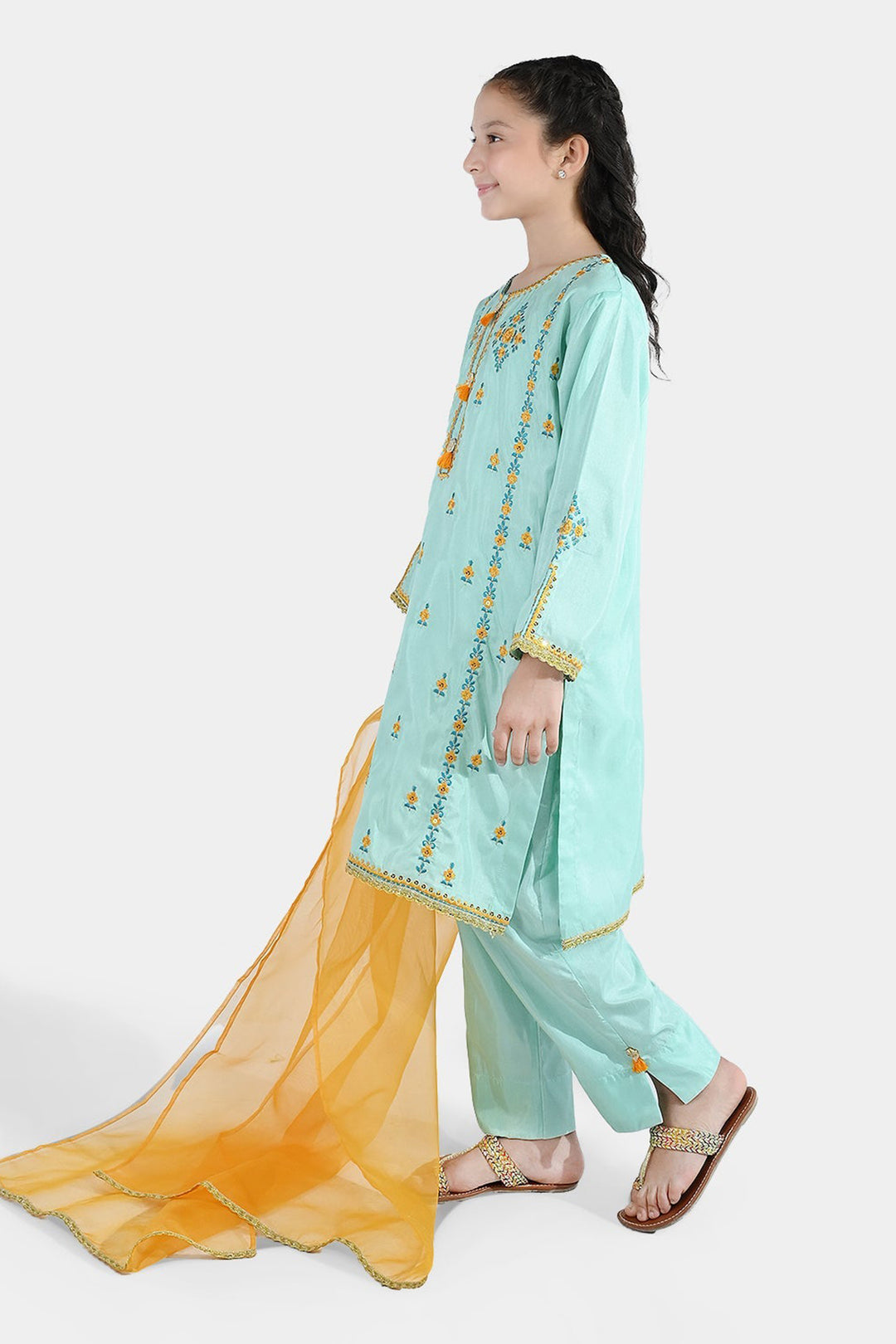 Girls Raw Silk Fancy 3Pcs Roop-Mint Green