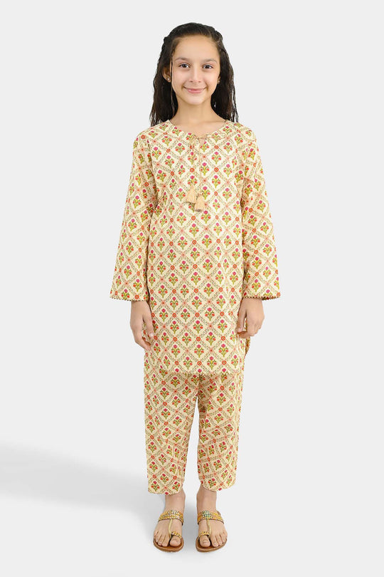 Girls Cotton Printed 2Pcs Chamak - Cream