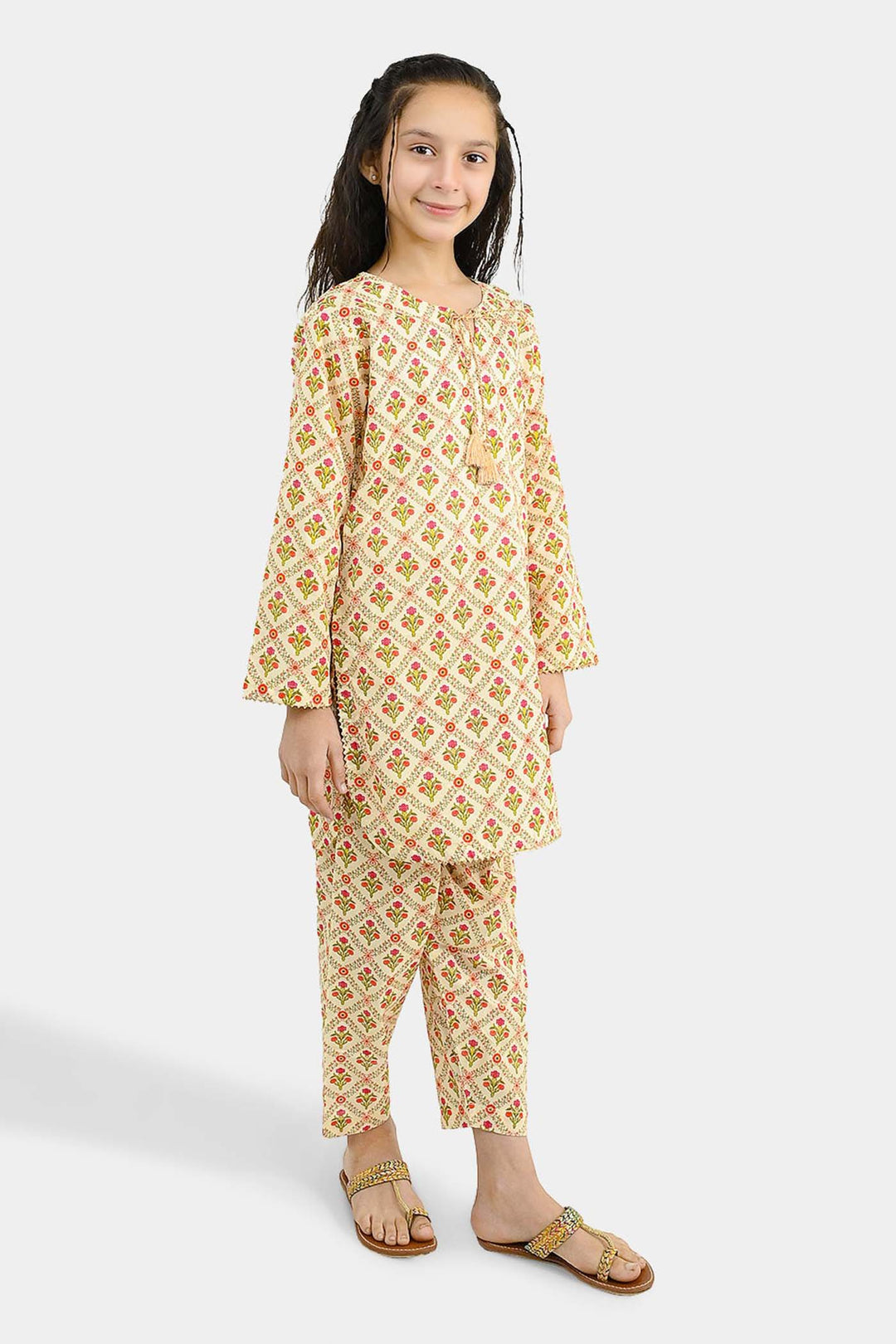 Girls Cotton Printed 2Pcs Chamak - Cream
