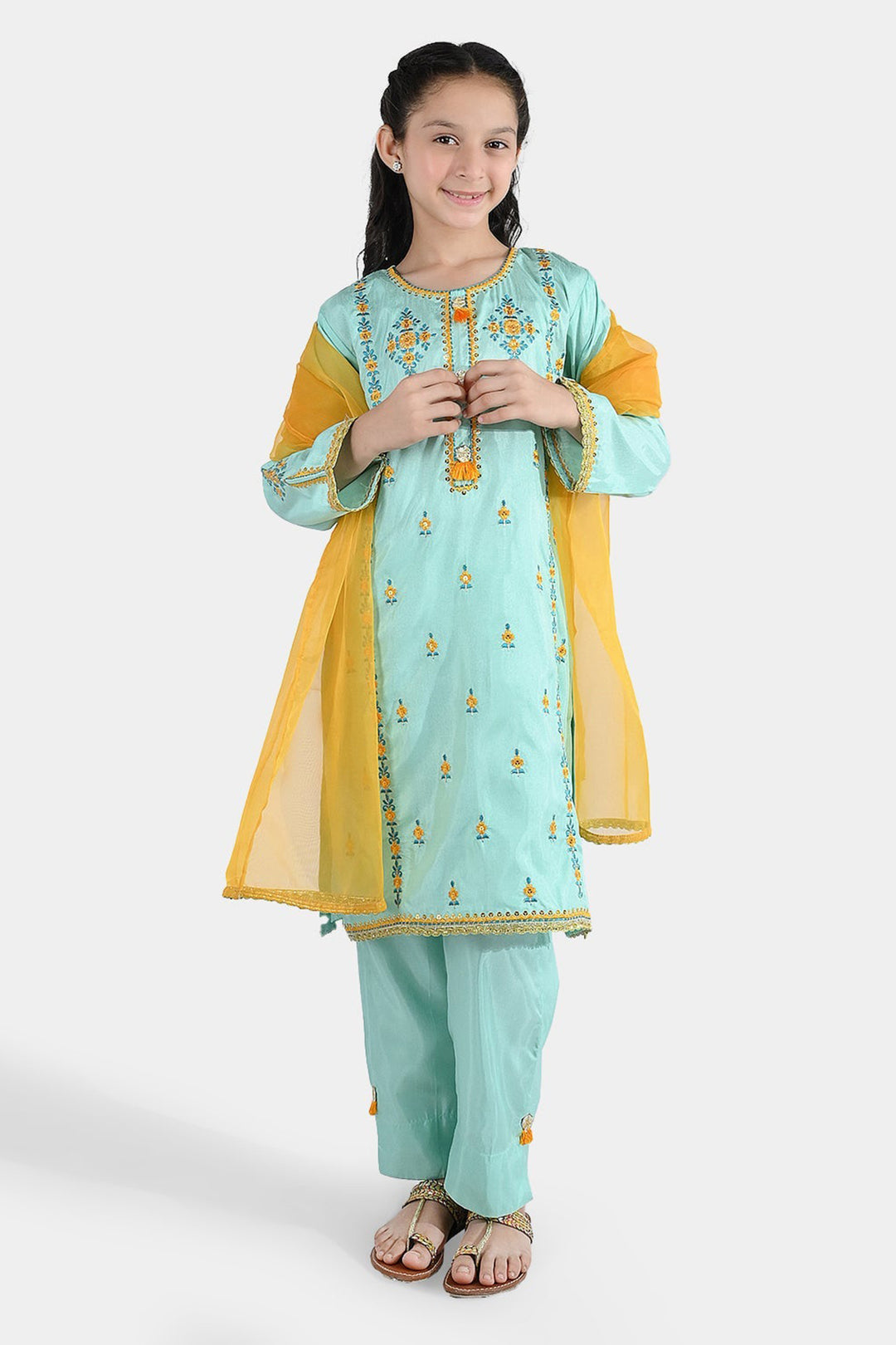 Girls Raw Silk Fancy 3Pcs Roop-Mint Green