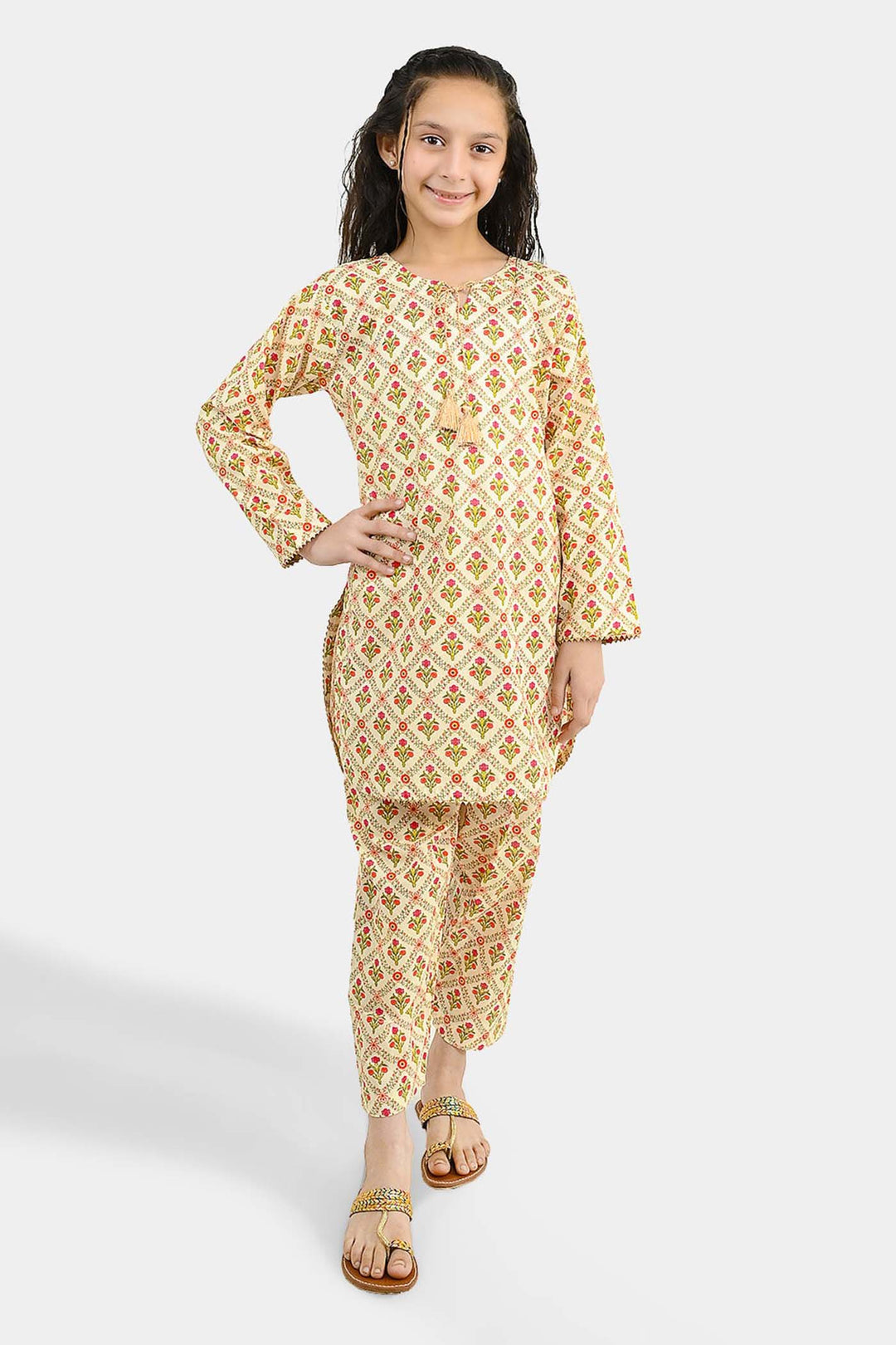 Girls Cotton Printed 2Pcs Chamak - Cream