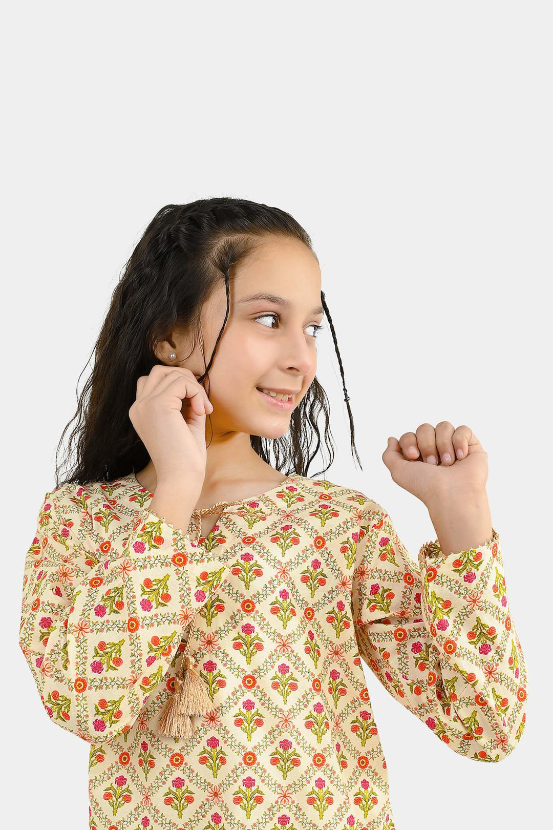 Girls Cotton Printed 2Pcs Chamak - Cream