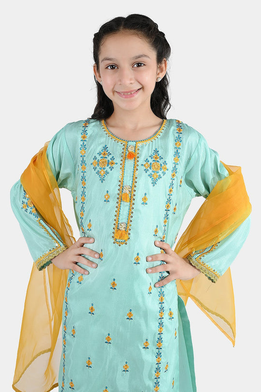 Girls Raw Silk Fancy 3Pcs Roop-Mint Green