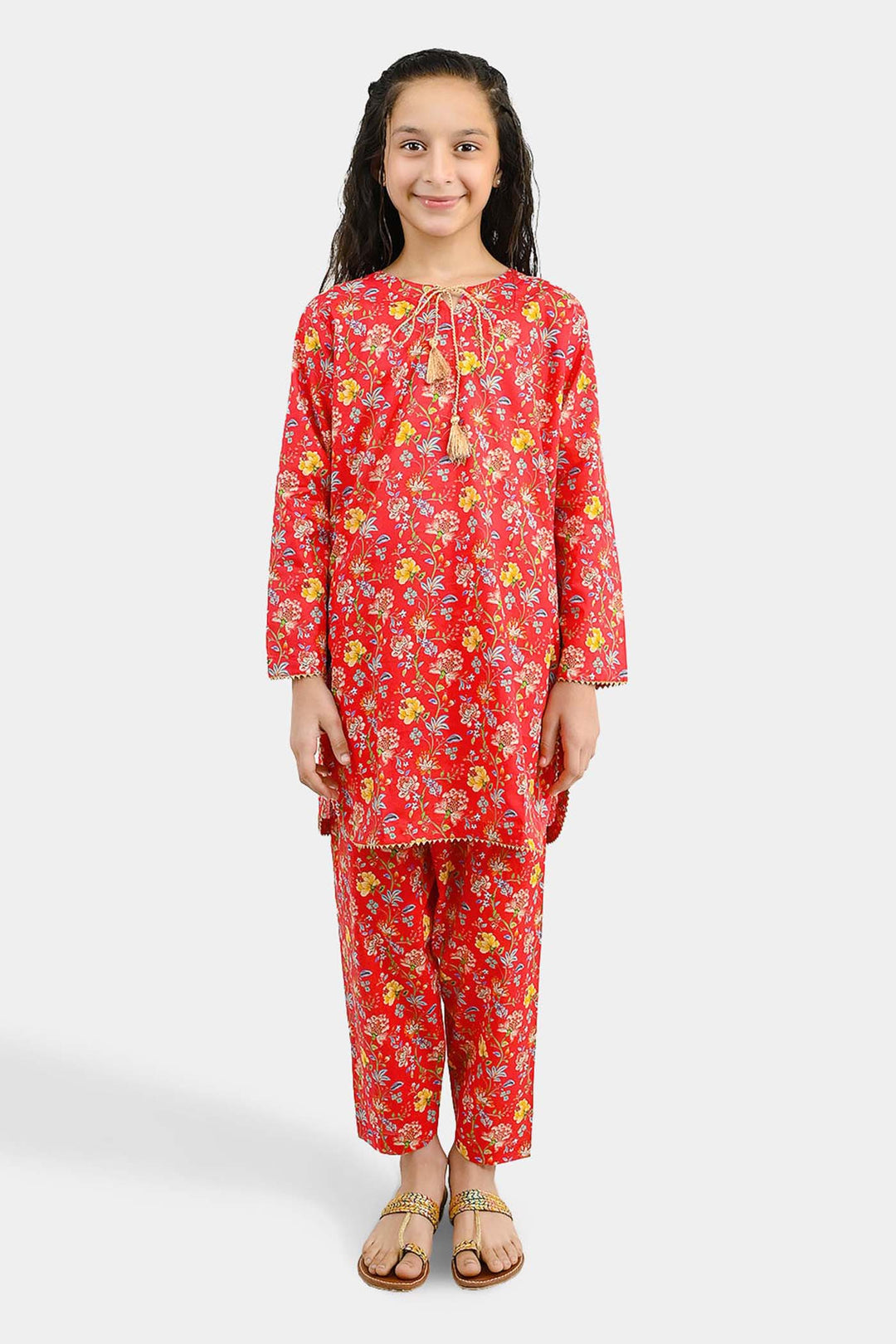 Girls Cotton Printed 2Pcs Bloom - Red