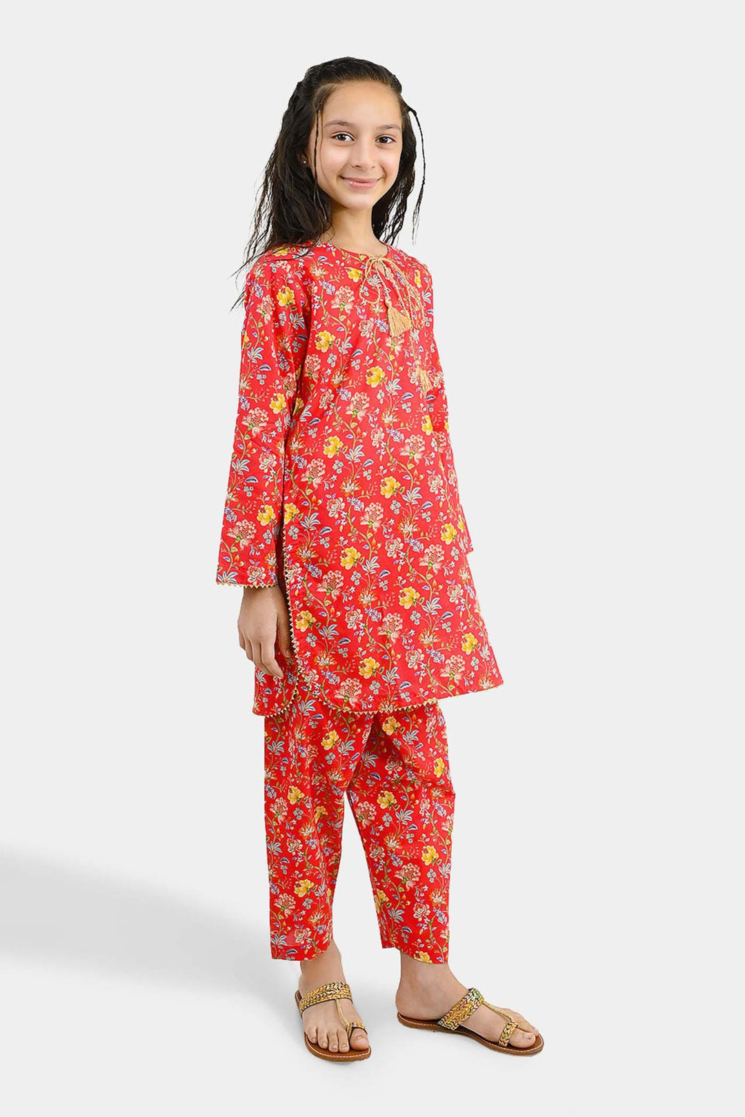 Girls Cotton Printed 2Pcs Bloom - Red