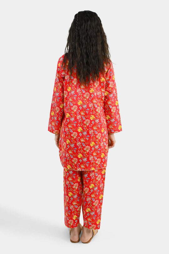 Girls Cotton Printed 2Pcs Bloom - Red