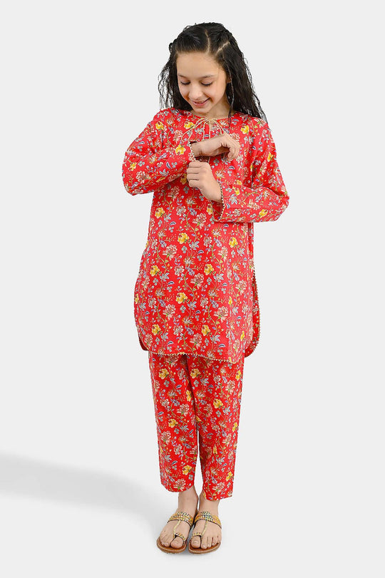 Girls Cotton Printed 2Pcs Bloom - Red