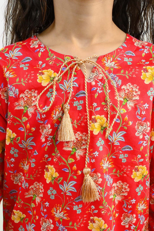 Girls Cotton Printed 2Pcs Bloom - Red