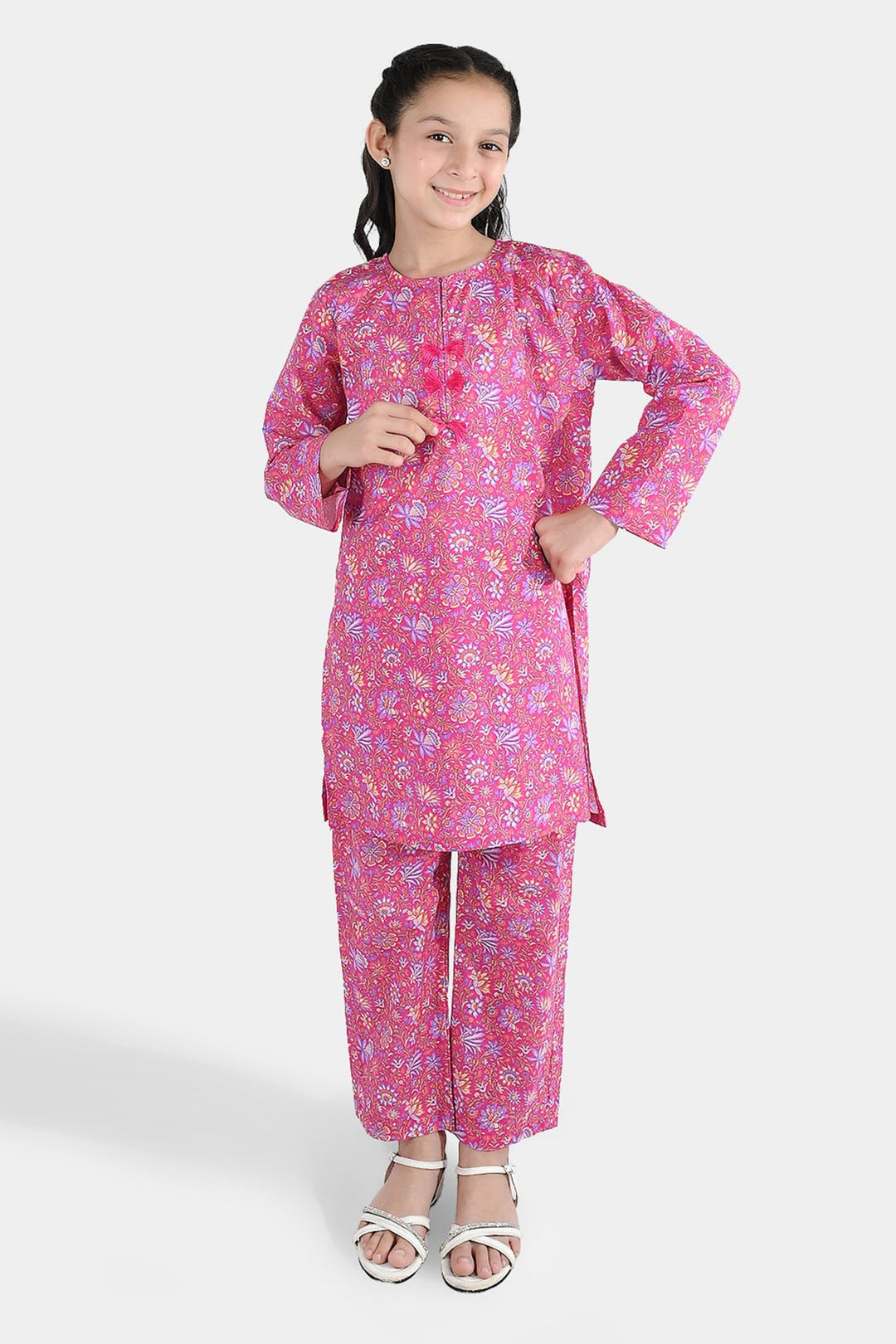 Girls Cotton Printed 2Pcs Floral-PINK