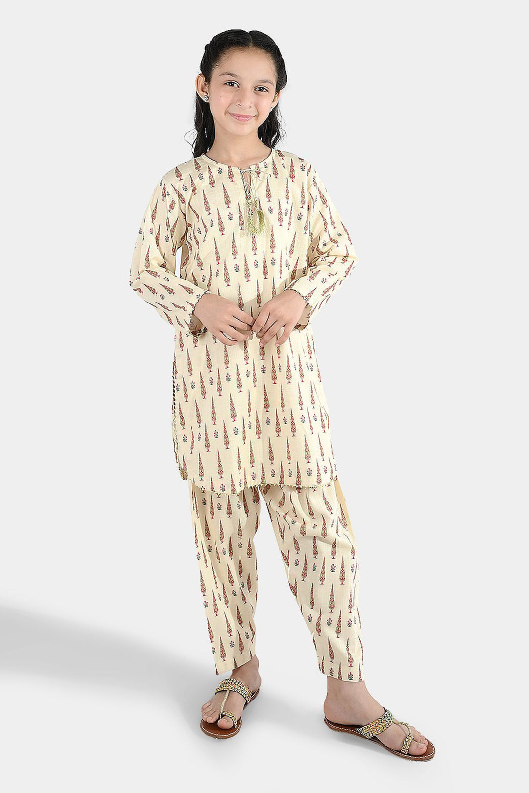 Girls Cotton Printed 2 Pcs-Cream