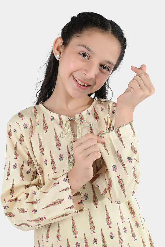 Girls Cotton Printed 2 Pcs-Cream
