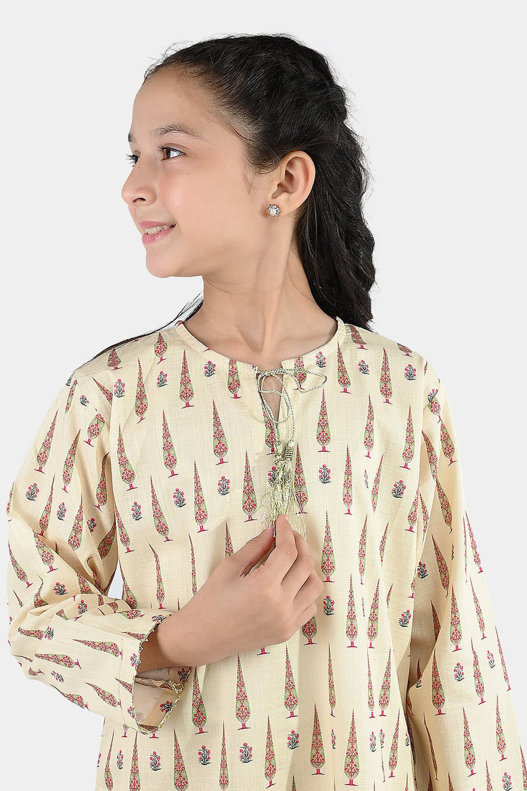 Girls Cotton Printed 2 Pcs-Cream
