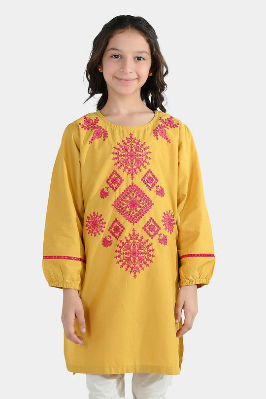 Girls Cotton Emb Kurti Nagma-Mustard