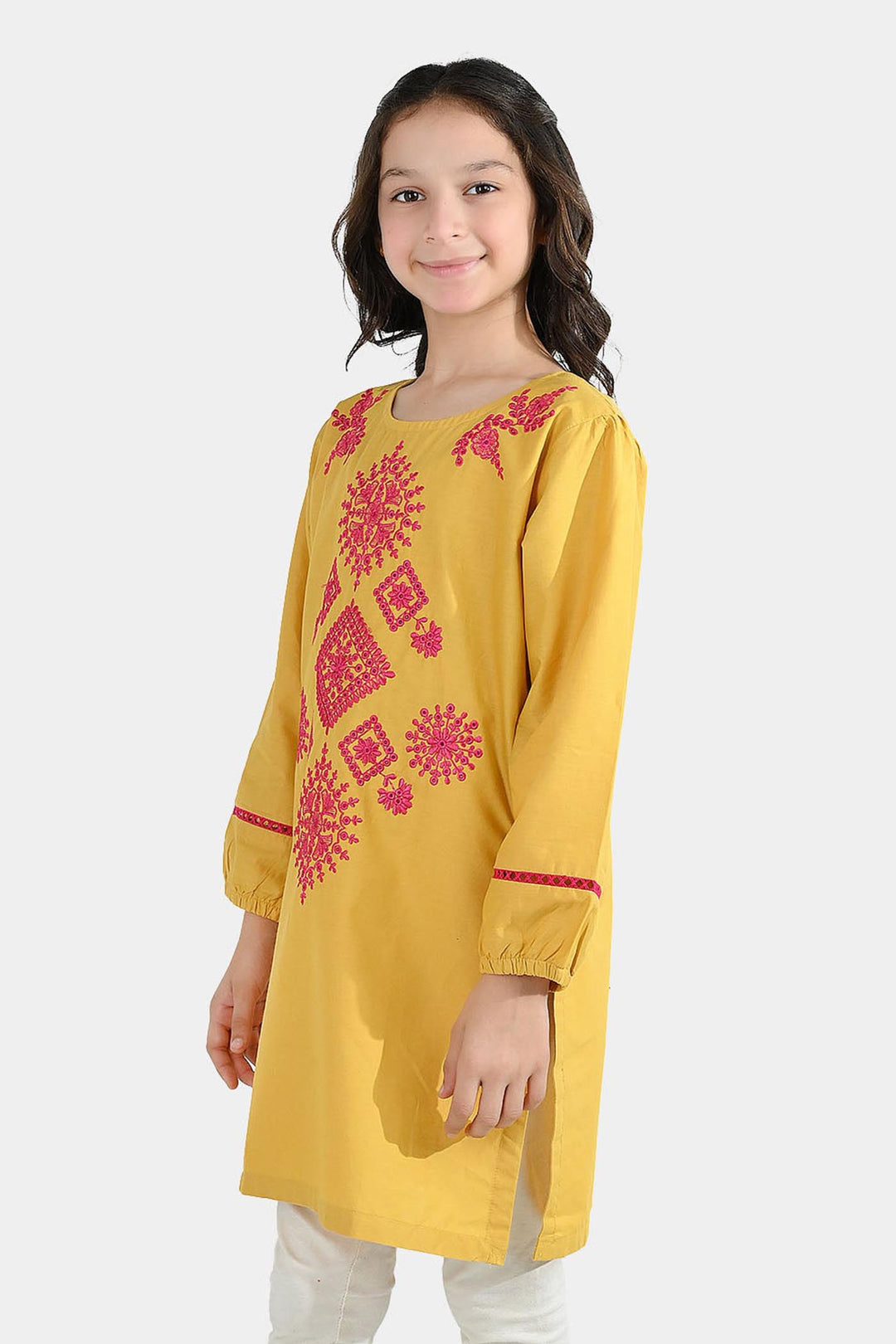 Girls Cotton Emb Kurti Nagma-Mustard