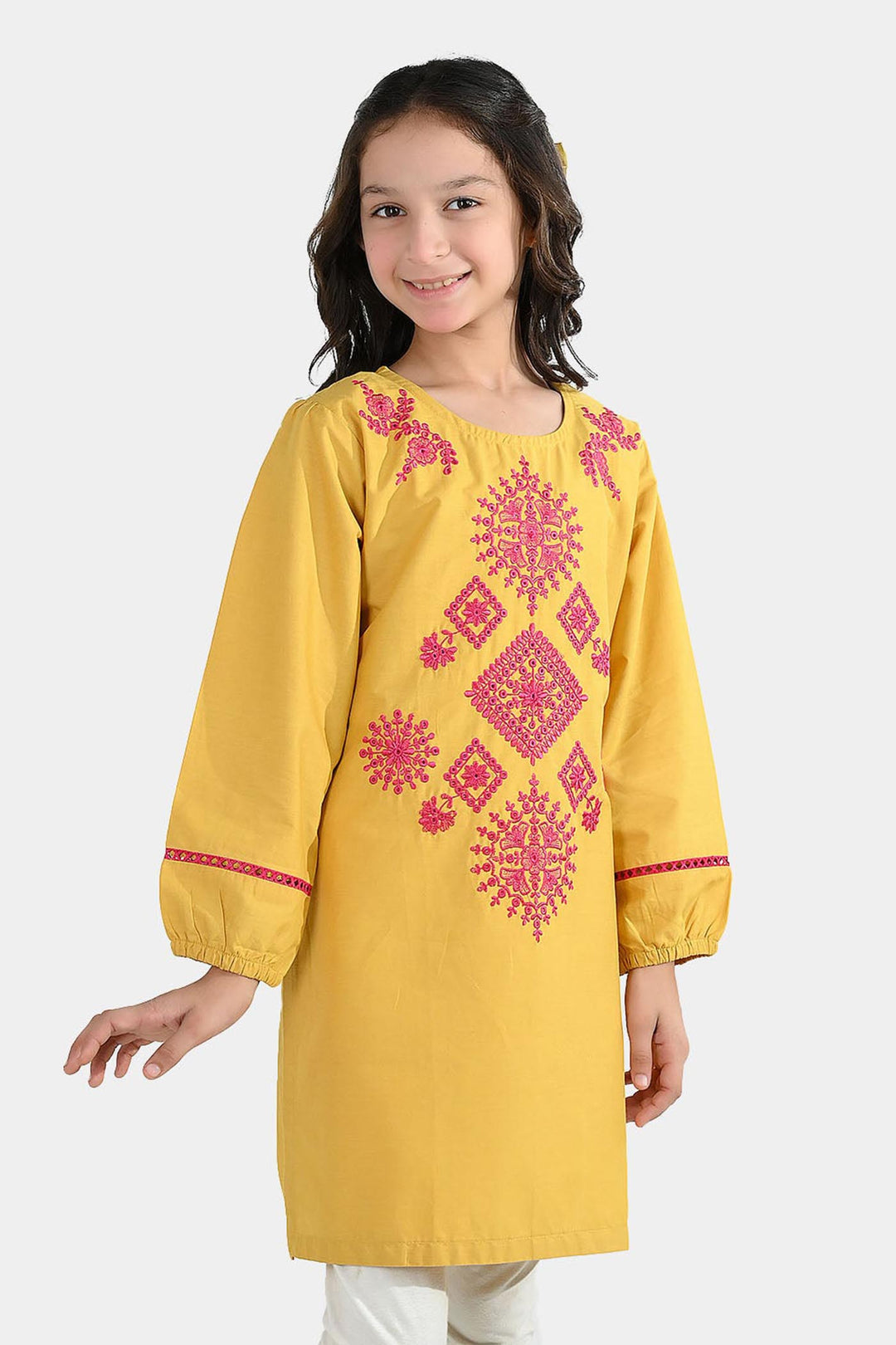 Girls Cotton Emb Kurti Nagma-Mustard