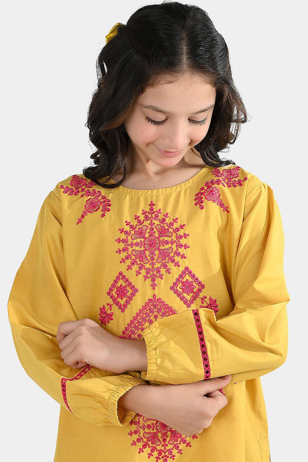 Girls Cotton Emb Kurti Nagma-Mustard