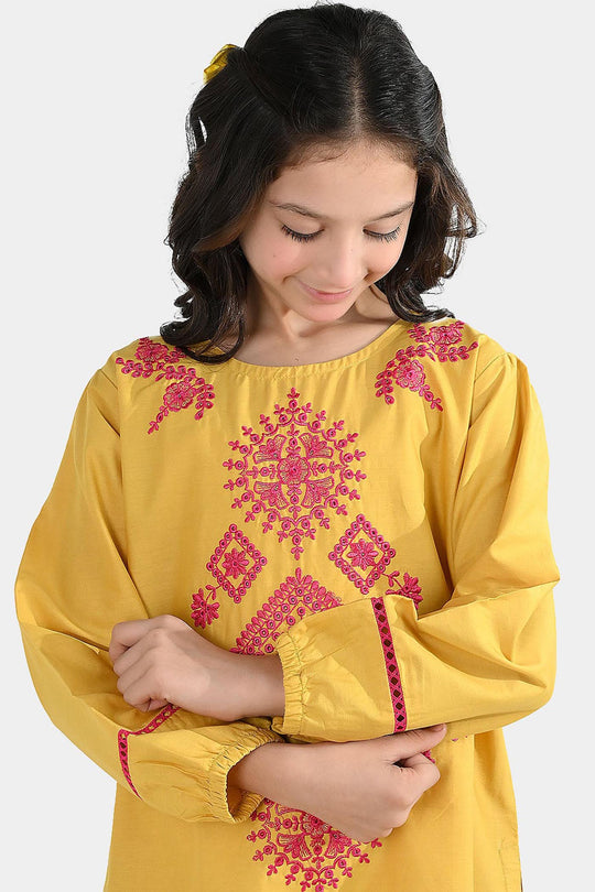 Girls Cotton Emb Kurti Nagma-Mustard
