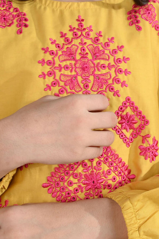 Girls Cotton Emb Kurti Nagma-Mustard