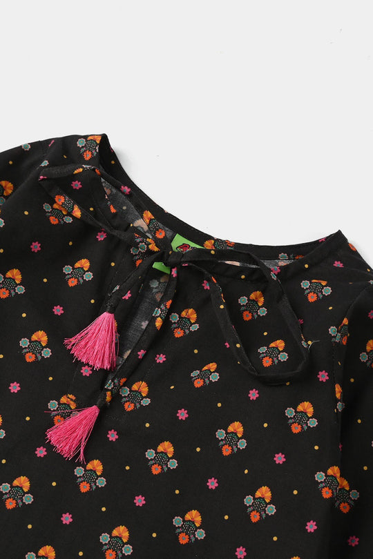 Infant Girls Cotton Printed Kurti (Swan) - Black