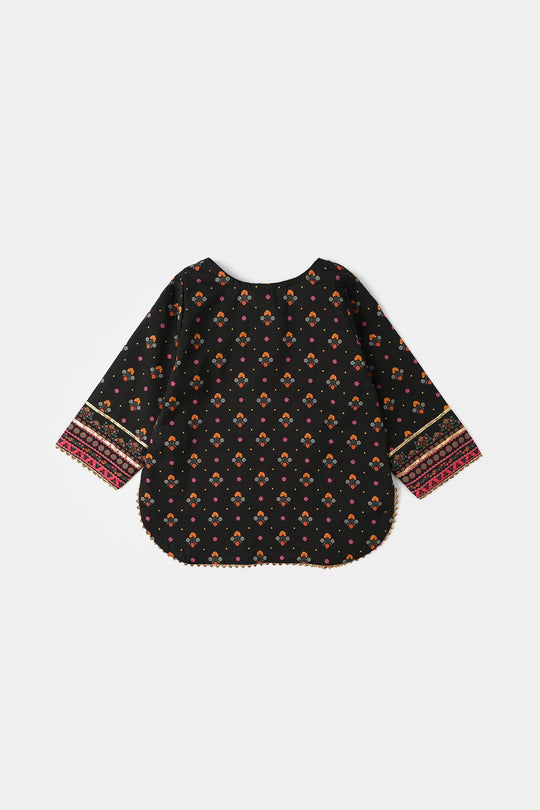 Infant Girls Cotton Printed Kurti (Swan) - Black