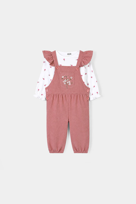 Infant Girls Corduroy Dungaree Suit-CORAL-Pink