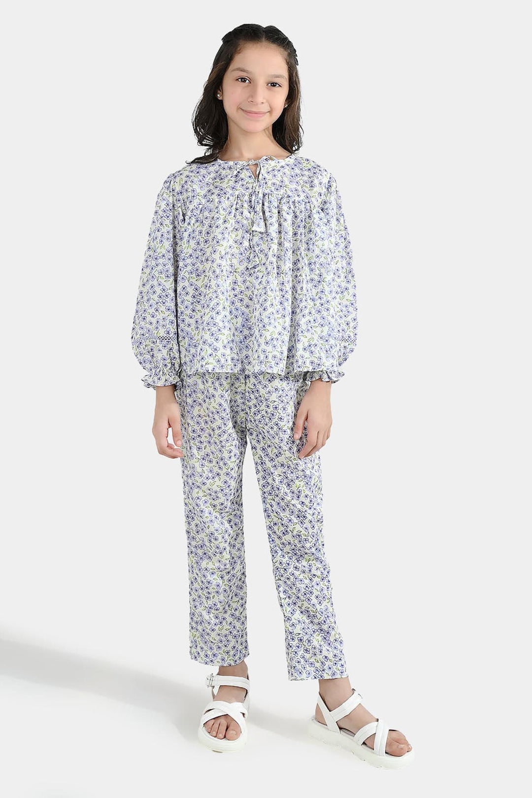 Girls Poly Lawn Co-Ord Set Black Bows-Multi