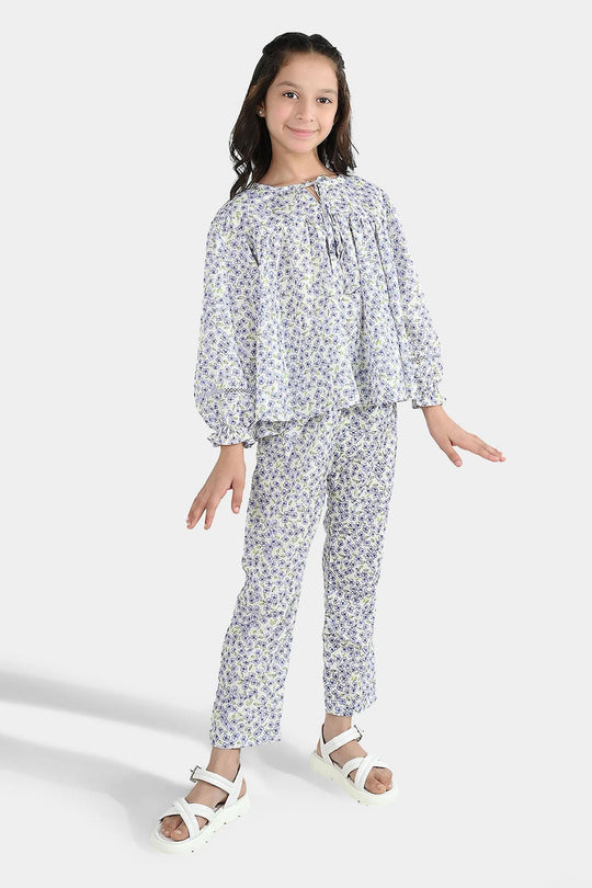 Girls Poly Lawn Co-Ord Set Black Bows-Multi