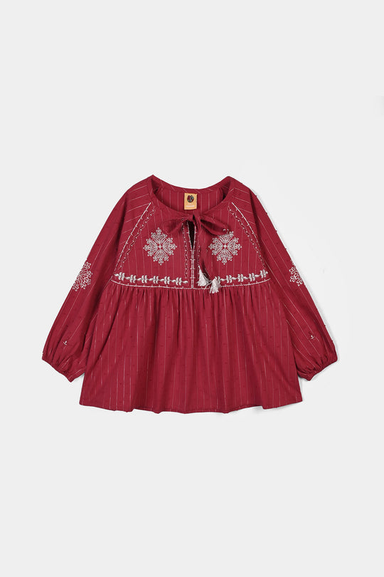 Girls Gauze Emb Top Confetti-Red