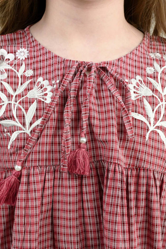Girls CVC Emb Top Rose - Red