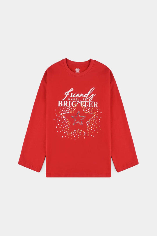 Girls Cotton Terry T-Shirt (Friends) - Red