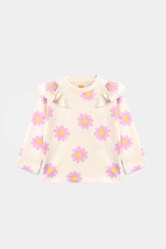 Girls Cotton Jersey T-Shirt Flowers - Off White