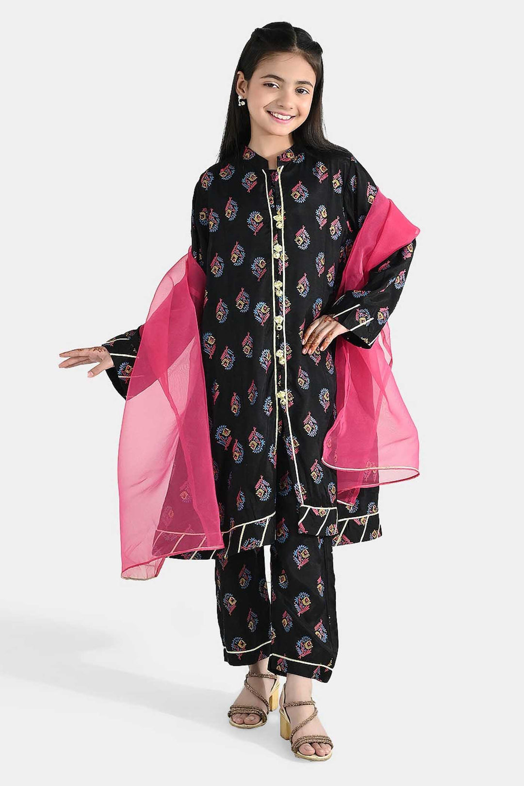 Girls Raw Silk 3-Pcs Suit (Aabroo) - Black