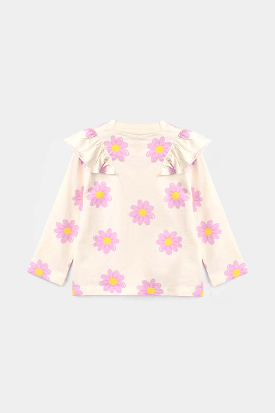 Girls Cotton Jersey T-Shirt Flowers - Off White