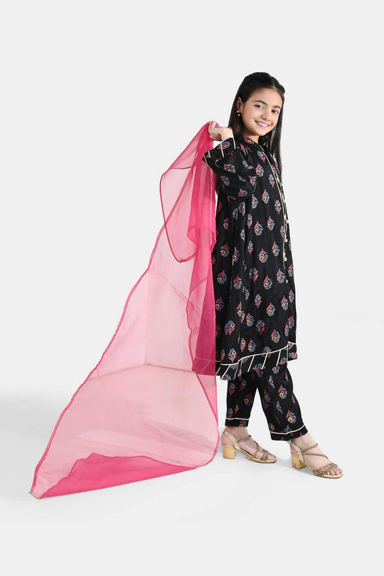 Girls Raw Silk 3-Pcs Suit (Aabroo) - Black