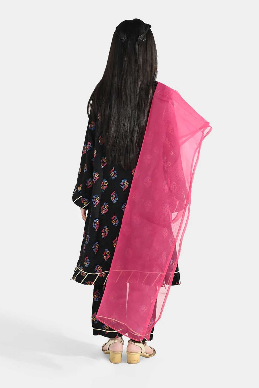 Girls Raw Silk 3-Pcs Suit (Aabroo) - Black