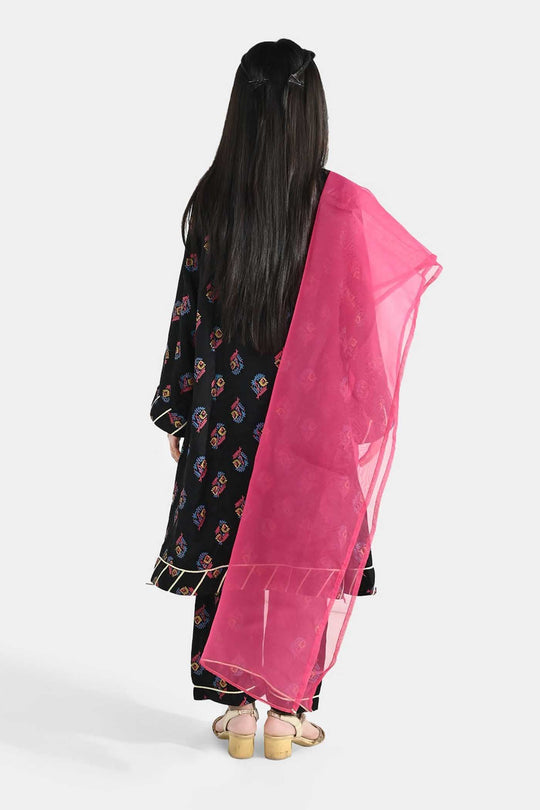 Girls Raw Silk 3-Pcs Suit (Aabroo) - Black